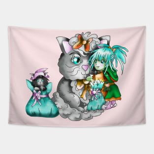 Adorable druid wood elf with a magical giant cat Tapestry