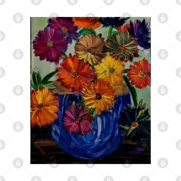 Some abstract vibrant colorful flowers in a glass vase with gold accent on base and top of vase by kkartwork