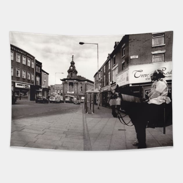 Police horse on duty during a football match - Burslem, Stoke on Trent, UK, 1996 Tapestry by richflintphoto