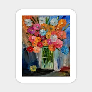 A lovely abstract background and vibrant flowers in a glass vase . Magnet