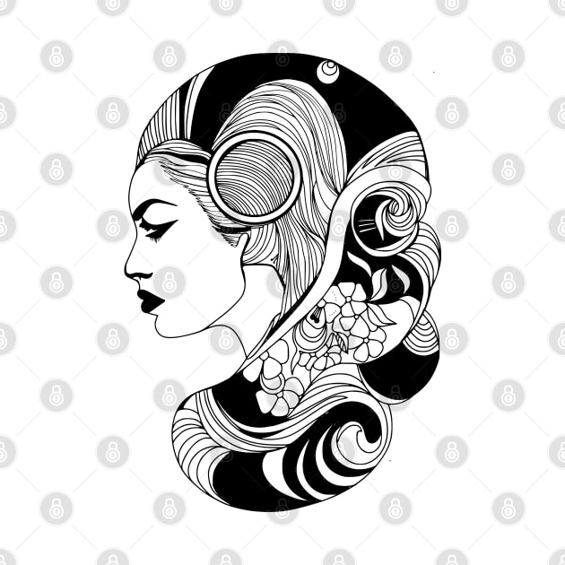 Black and white design of a woman wearing her hair as a cascade in the shape of a shell with flowers by jen28