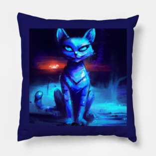 Futuristic Blue Cat Survived the Apocalypse Pillow