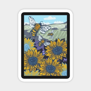 Oxfordshire Sunflowers and Honey Bees Linoprint Magnet