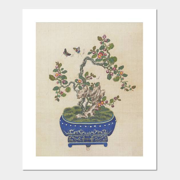 Vintage Chinese Bonsai Botanical Ink And Brush Painting Flowers