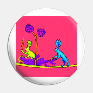 Medieval Rabbits Tickling a Person Bad Weird 90's Colorful Retro Art Pin