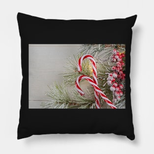 Bright Christmas or New Year wooden background with fir branches, Christmas decorations. Christmas sweets. Copy space. View from above Pillow