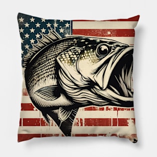 Retro Vintage Bass Fishing on American Flag Pillow