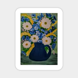 A still life painting of mixed flowers in a blue jug vase Magnet