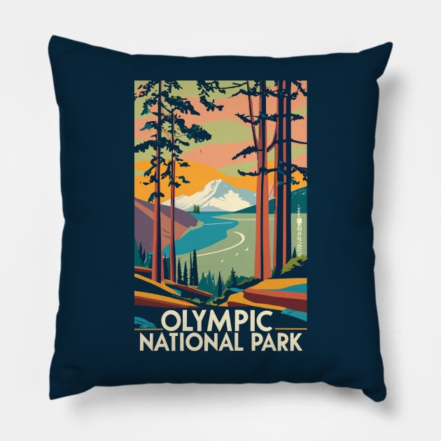 A Vintage Travel Art of the Olympic National Park - Washington - US Pillow by goodoldvintage