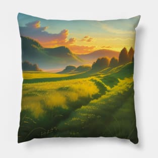 Lush, Sunlit Razor Grass Meadow at Sunset in Faerun Pillow