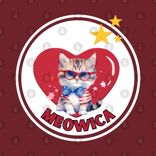 A meowica cute kitty cat with glasses on 4th of July with heart by Shean Fritts 