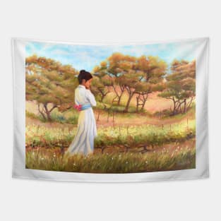 Woman girl walking in vineyard zen yoga buddhism Tapestry