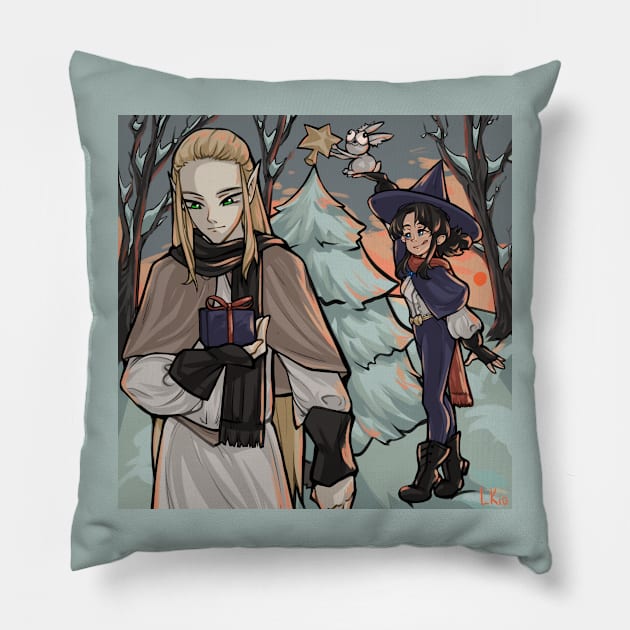 Elf, witch and rabbit decorate the Christmas tree Pillow by LKio