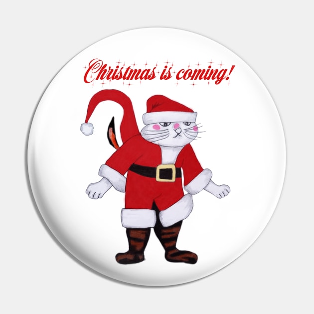 Christmas is Coming Santa cat Pin by CartWord Design