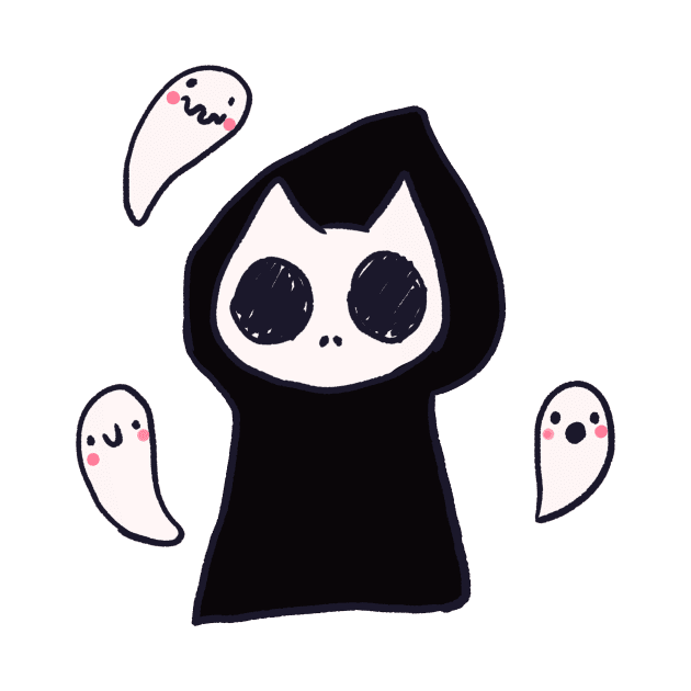 Cute Grim reaper cat and ghosts by Mayarart