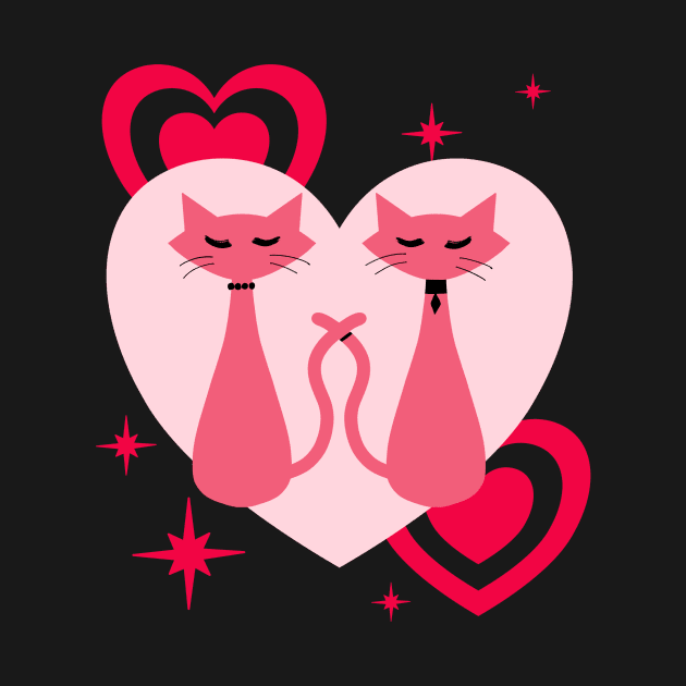 Mid-Century Modern Valentine Cats with Pink Hearts Retro Vintage Style by ksrogersdesigns