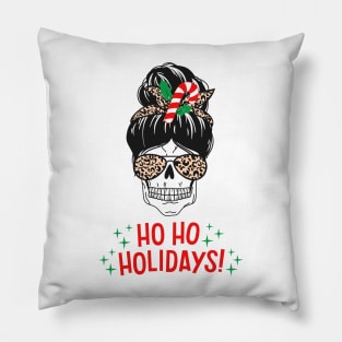 Red and Black Illustration Skull Messy Bun Merry Christmas T-shirt Pillow