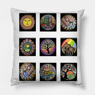 9 small paintings sun,boat,hills,tree,rainbow,bird,birds and trees Pillow