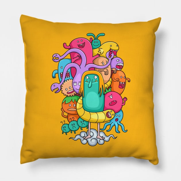 Funny monster doodle Pillow by Mako Design 