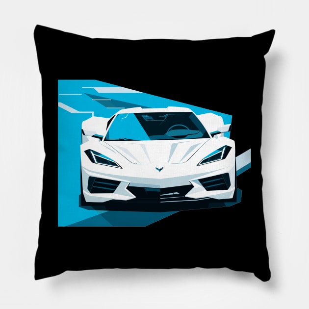 C8 Corvette Racing White sportscar retro design vintage style supercar Classic car vibes with a white C8 Corvette Retro flair for C8 Corvette enthusiasts Pillow by Tees 4 Thee