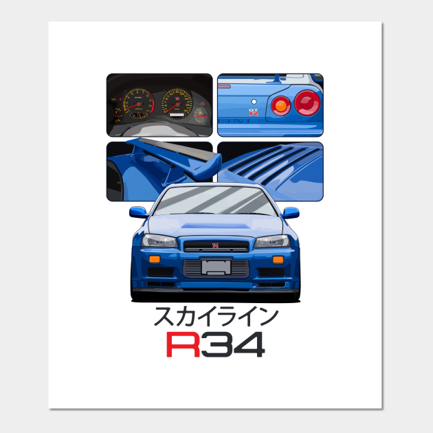 Skyline Gtr R34 Blue Drawing Vector Skyline R34 Posters And Art Prints Teepublic
