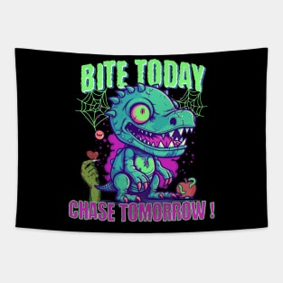 Bite Today, Chase Tomorrow! Halloween Zombie Dino Tapestry