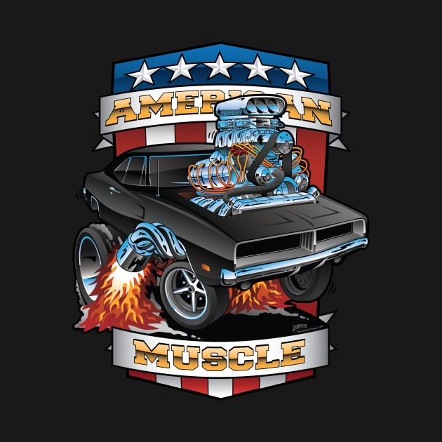 American Muscle Patriotic Classic Muscle Car Cartoon Illustration by hobrath