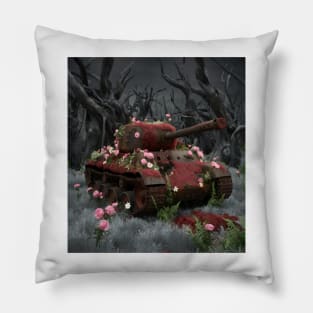 AI generated rusted old tank with roses Pillow