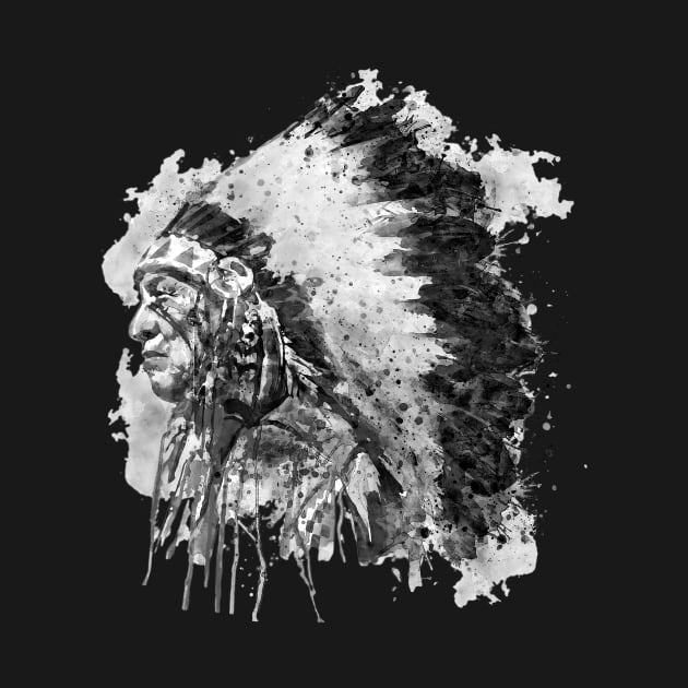 Black and White Watercolor Portrait-Native American Chief Profile by Marian Voicu