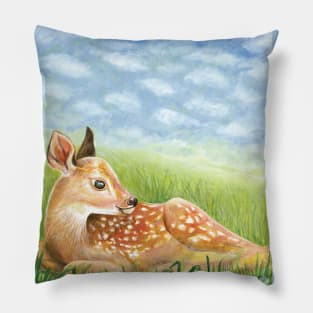 Baby Deer Fawn in Green Grass Illustration Pillow