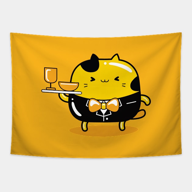 yellow cat waiter profession Tapestry by MEDZ