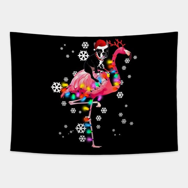 Boston Terrier riding Flamingo Christmas Tapestry by wheeleripjm