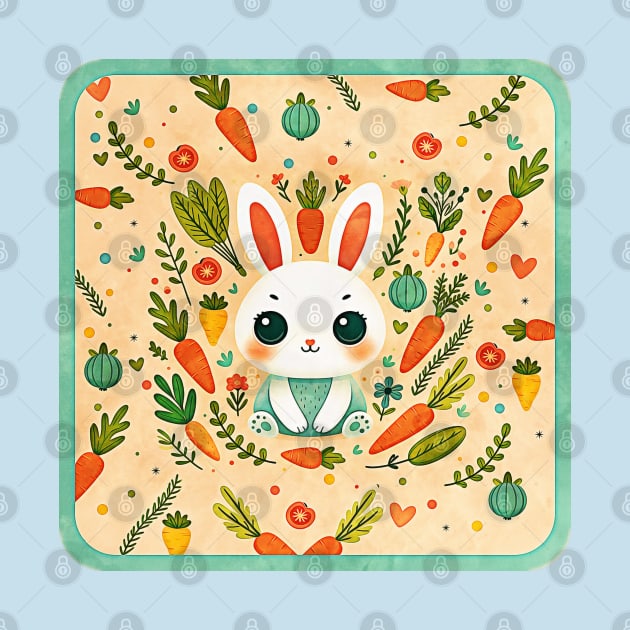 cute rabbit surrounded by flowers, plants and carrots, Scandinavian style by art-of-egypt