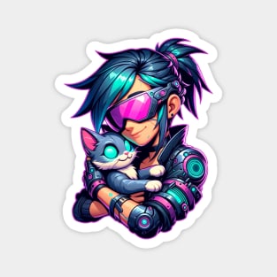 Cyberpunk Girl and Cat Magnet