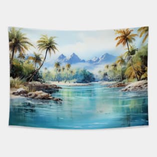 Tropical Island with Palm Trees Watercolor Tapestry