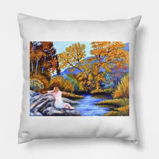 Woman girl on rocks relaxing watching the river flow zen yoga buddhism Pillow