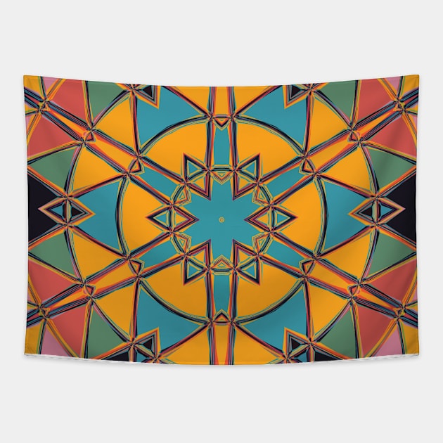 Cartoon Mandala Yellow Blue and Orange Tapestry by WormholeOrbital