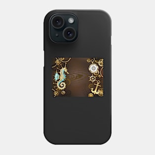 Wooden Background with Mechanical Seahorse ( Steampunk ) Phone Case