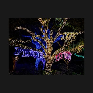 Peace, Joy, Love - night time photo of Texas holiday lights + live oak tree T-Shirt