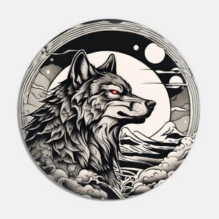 Vintage Japanese Tattoo Art Moonlight Mountain Wolf Pin