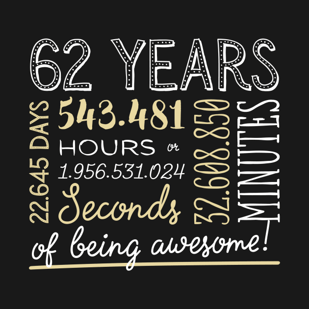 62nd Birthday Gifts - 62 Years of being Awesome in Hours & Seconds by BetterManufaktur