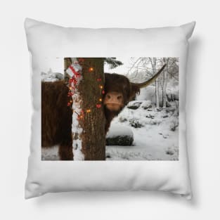 Scottish Highland Cattle Cow and Christmas Lights 2201 Pillow