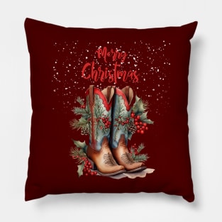 Merry Christmas, Christmas gifts and cowgirl boots, mistletoe branches, hawthorn and pine branches with pine cones Pillow