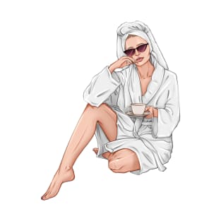 Beautiful woman with cup of tea in white spa robe T-Shirt