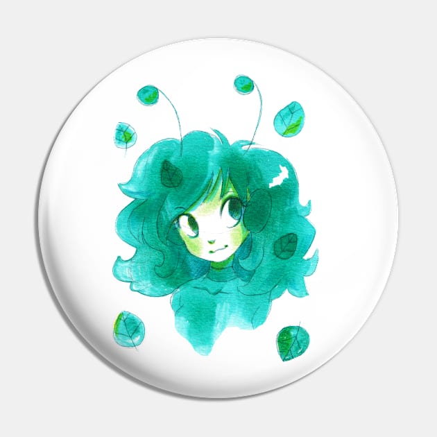 Watercolor Green Leaf Girl Pin by saradaboru