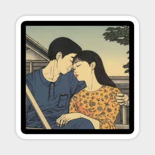 Pretty Asian Couple Hugging and Kissing on the Bench Magnet