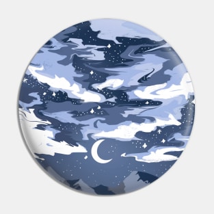 Blue cloudy sky above mountains with a crescent moon Pin