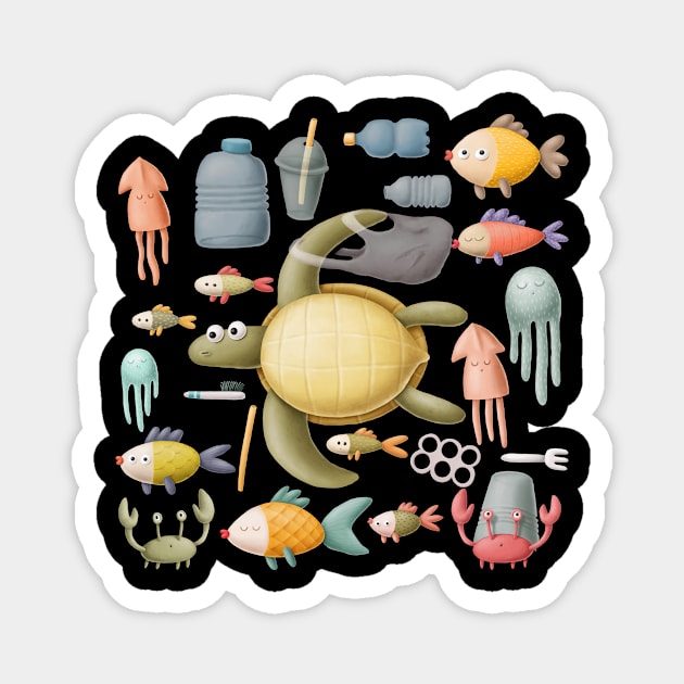 Plastic ocean with turtle and fishes. Magnet by CaptainPixel