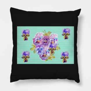 Shabby Chic Turquoise Pansy Nest of Pansies Floral Watercolour Stripe Pillow