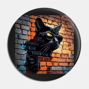 Black cat in sunglasses painted onto brick wall Sticker Pin